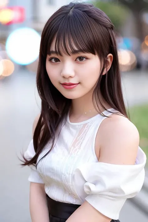 (skin blemish:1.2), (skindentation), black eye, 1woman, 25yo, (((woman))), solo, realistic, best quality, photorealistic, masterpiece, 8k, high res, solo, extremely detailed face, (professional lighting, bokeh), (light particles, lens flare, glowing particles:0.6), (dynamic pose:1.2), soft lighting, top angle view, fashionable and trendy atmosphere, japan, street, tokyo, city, ((daytime)), sky, ((looking at the viewer:1)), (looking at the camera),(portrait:0.6), cowboy shot, gorgeous, standing, keep original facial proportion, wide shoulder, full body, (small breast), (medium hair), brown hair, floating hair, lips, lipstick, seductive smile, floating hair, smile, open_mouth, teeth, (sleeves less white blouse), (jumper skirt), eyelashes, mole, (mole under eye:1), <lora:TsurushimaN2:0.8>