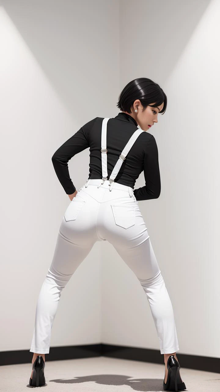 best quality, (photorealistic:1.3), 1girl, dancing, perfect female figure, full body, (from back:1.1), (ass:1.5)
(white trousers:1.2), (white suspenders:1.3), (black top:1.5), short hair, slim, long sleeves,
(black leather shoes:1.1), white wall background, <lora:aiBeautyIthlinni_ithlinniV1:0.7>,