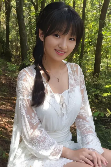 best quality, masterpiece, realistic, photorealistic, exquisite details and textures, professional lighting, 1girl, detailed skin,bangs,high ponytail, smile, lips, full body, outdoors, forest, <lora:xiuxinV2:0.8>