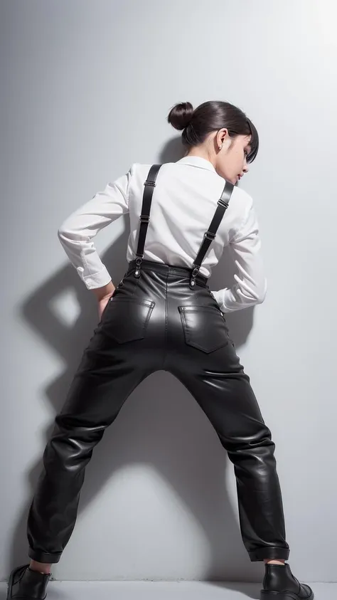 best quality, (photorealistic:1.2), 1girl, 
(Right shoulder strap slipped), (black leather shoes), touch belly with both hands, 
(black shirt:1.4), (grey long pants:1.4),(white suspenders:1.4), 
perfect female figure, full body, from back, white background, short hair, slim