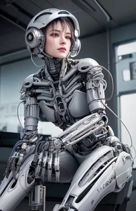 complex 3d render ultra detailed of a beautiful porcelain profile woman android face, cyborg, robotic parts, 150 mm, beautiful studio soft light, rim light, vibrant details, luxurious cyberpunk, lace, hyperrealistic, anatomical, facial muscles, cable electric wires, microchip, elegant, beautiful background, octane render, H. R. Giger style, 8k, best quality, masterpiece, illustration, an extremely delicate and beautiful, extremely detailed ,CG ,unity ,wallpaper, (realistic, photo-realistic:1.37),Amazing, finely detail, masterpiece,best quality,official art, extremely detailed CG unity 8k wallpaper, absurdres, incredibly absurdres, <lora:japaneseDollLikeness_v10:0.1>, <lora:koreanDollLikeness_v10:0.5>, robot, silver halmet, full body, sitting