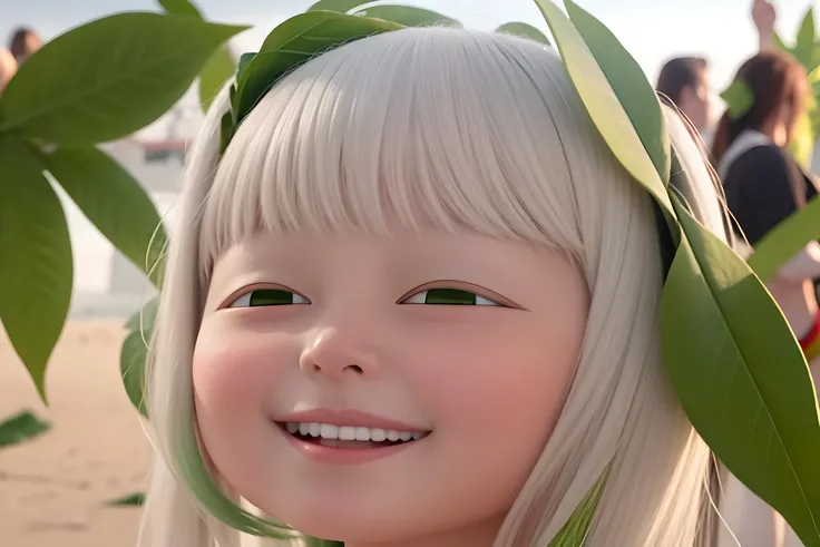 extremely detailed 1girl(cinematic angle, beautiful pupils)NSFW(((full body, extremely detailed face, leaf bikini, action pose))) beach(crowd:1.2)((photo realistic:1.8))((anyahehface)) <lora:lottalewds_v0:2>