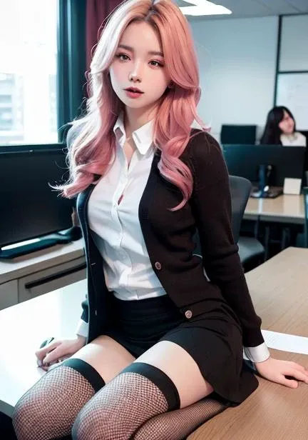 (RAW photo, best quality), (realistic, photo-realistic:1.3), masterpiece, an extremely delicate and beautiful, extremely detailed, CG, unity , 2k wallpaper, Amazing, finely detail, light smile, extremely detailed CG unity 8k wallpaper, huge filesize, ultra-detailed, highres, absurdres, soft light, (((medium hair:1.3), short bang, pink hair, floating hair novafrogstyle)), beautiful detailed girl, detailed fingers, extremely detailed eyes and face, beautiful detailed nose, beautiful detailed eyes, long eyelashes, light on face, looking at viewer, (closed mouth:1.2), 1girl, cute, young, mature face, (full body:1.3), ((small breasts)), realistic face, realistic body, beautiful detailed thigh, (ulzzang-6500-v1.1:0.8), <lora:koreanDollLikeness_v15:0.4>, business suit, cross-laced clothes, collared shirt, open clothes, in office, detailed office, open cardigan, black thighhighs, miniskirt, black underwear, unbuttoned shirt,