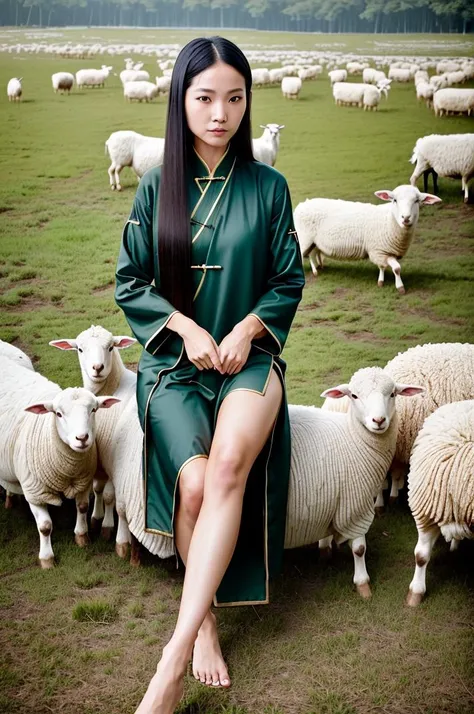 raw photo, portrait of a (emaciated:1.3) woman [ Ivanka Trump:.9] and sheep , (dark:1.1), , (gloomy:0.0), (foggy:0.0), (looking_at_viewer:1.2), , ,, (fine wrinkles, pores, veins:.5),
, (woman (caressing sheep )and sitting in the ancient China outdoor inn, sheep sitting on woman's thigh :1.33), (forest, river, sheep eating grass, :1.33), , (hair floating in the wind:1.35), , , (Chinese martial arts, Kung Fu, Han dynasty:1.4), ((black long straight hair :1.2),  , no_makeup, (smile:1.2) :1.33), long slim legs, barefoot, (woman wearing (deep-green:1.1) (ancient Han style) outfits , Complex clothing details:1.3), ,(daytime:1.2),
, highly detailed, masterpiece, best quality, 8k, (realistic skin, cell-shaded:1.3), sharp_focus, (SFW), (high detailed skin:1.2), 8k uhd, dslr, (soft lighting:1.0), high quality, film grain, Fujifilm XT3,