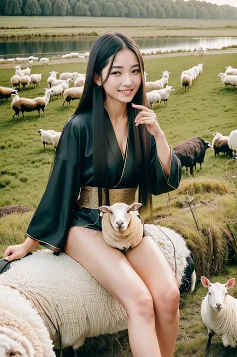 raw photo, portrait of a (emaciated:1.3) woman [ Ivanka Trump:.9] and sheep , (dark:1.1), , (gloomy:0.0), (foggy:0.0), (looking_at_viewer:1.2), , ,, (fine wrinkles, pores, veins:.5),
, (woman (caressing sheep )and sitting in the ancient China outdoor inn, sheep sitting on woman's thigh :1.33), (forest, river, sheep eating grass, sheep close to woman, :1.33), , (hair floating in the wind:1.35), , , (Chinese martial arts, Kung Fu, Han dynasty:1.4), ((black long straight hair :1.2),  , no_makeup, (smile:1.2) :1.33), long slim legs, barefoot, (woman wearing (deep-green:1.1) (ancient Han style) outfits , Complex clothing details:1.3), ,(daytime:1.2),
, highly detailed, masterpiece, best quality, 8k, (realistic skin, cell-shaded:1.3), sharp_focus, (SFW), (high detailed skin:1.2), 8k uhd, dslr, (soft lighting:1.0), high quality, film grain, Fujifilm XT3,