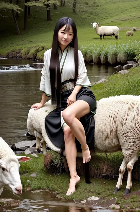 raw photo, portrait of a (emaciated:1.3) woman [ Ivanka Trump:.9] and sheep , (dark:1.1), , (gloomy:0.0), (foggy:0.0), (looking_at_viewer:1.2), , ,, (fine wrinkles, pores, veins:.5),
, (woman (caressing sheep )and sitting in the ancient China outdoor inn, sheep sitting on woman's thigh :1.33), (forest, river, sheep eating grass, sheep close to woman, :1.33), , (hair floating in the wind:1.38), , , (Chinese martial arts, Kung Fu, Han dynasty:1.4), ((black long straight hair :1.2),  , no_makeup, (smile:1.2) :1.33), long slim legs, barefoot, (woman wearing (deep-green:1.1) (ancient Han style) outfits , Complex clothing details:1.3), ,(daytime:1.2),
, highly detailed, masterpiece, best quality, 8k, (realistic skin, cell-shaded:1.3), sharp_focus, (SFW), (high detailed skin:1.2), 8k uhd, dslr, (soft lighting:1.0), high quality, film grain, Fujifilm XT3,