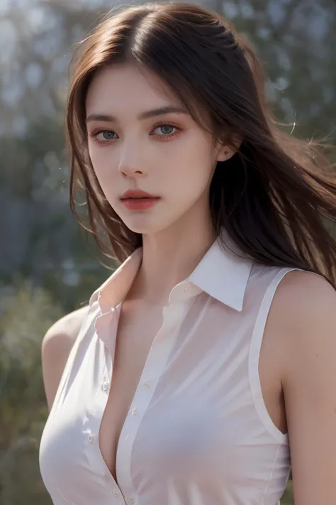 a stunning photograph of young gorgeous woman, Color film photograph, half body crop, 8k, raw photo, (film grain:1.0), (floating dust particle:1.2), award winning photo, 50mm, on focus, spotlight, rim light, in the dark, dimly lit, low key, deep shadow, looking at viewer, (highly detailed skin:1.2), petite athletic body with big boobs, half shave haircut, (beauty spot), sharp eyes, (wearing white collared shirt unbuttoned)