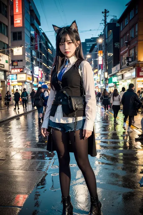 (8k, RAW photo, best quality, masterpiece:1.2), (realistic, photo-realistic:1.37),omertosa,1girl,(Kpop idol), (aegyo sal:1),cute, mature, cityscape, night, rain, wet, professional lighting, photon mapping, radiosity, physically-based rendering, long hairs, bangs, Black pantyhose, office lady, black shirt, vest, tie, mini jeans, cat ears, Black pantyhose, earring, knick knacks, long cloak, looking at viewer, stand, evil smile, tokyo street, 