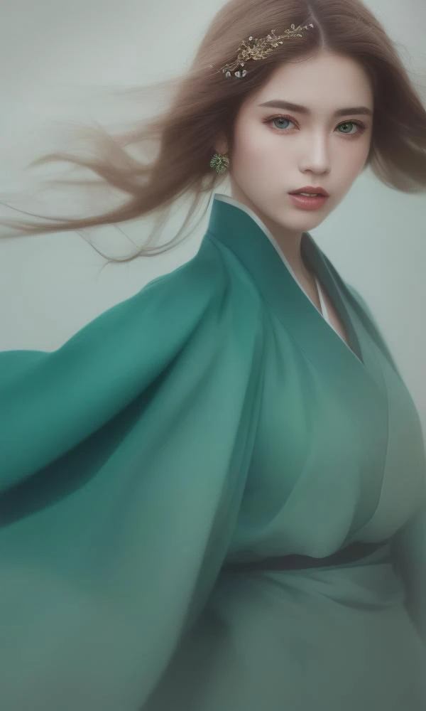(solo girl portrait (beautiful detailed face:1.6, beautiful detailed eyes:1.3),hanfu,dress grab,absurdly long hair,floating),(green background),(highest quality,8k,GameCG,photorealistic,wallpaper),(color of Red|green|blue|black|white),By Raphael,india:0.5