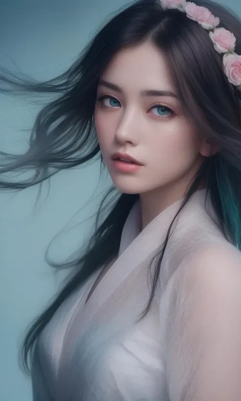 (solo girl portrait (beautiful detailed face:1.6, beautiful detailed eyes:1.3),hanfu,wet dress,very short hair,floating),(pink background),(highest quality,8k,GameCG,photorealistic,wallpaper),(color of Red|green|blue|black|white),By Raphael,india:0.5