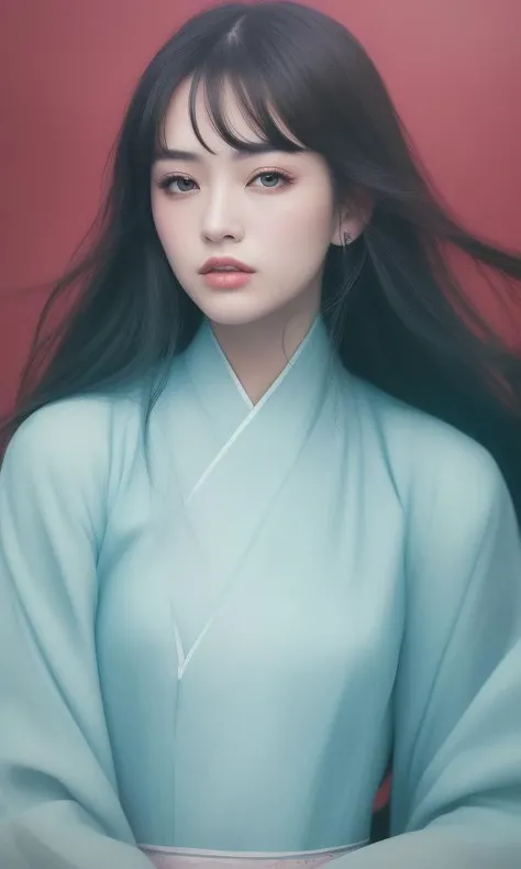 (solo girl portrait (beautiful detailed face:1.6, beautiful detailed eyes:1.3),hanfu,crinoline,big hair,floating),(blue background),(highest quality,8k,GameCG,photorealistic,wallpaper),(color of Red|green|blue|black|white),By Raphael,guofeng:0.6