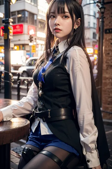 (8k, RAW photo, best quality, masterpiece:1.2), (realistic, photo-realistic:1.37),omertosa,1girl,(Kpop idol), (aegyo sal:1),cute, mature, cityscape, night, rain, wet, professional lighting, photon mapping, radiosity, physically-based rendering, long hairs, bangs, Black pantyhose, office lady, black shirt, vest, tie, mini jeans, cat ears, Black pantyhose, earring, knick knacks, long cloak, looking at viewer, sitting, evil smile, tokyo street,