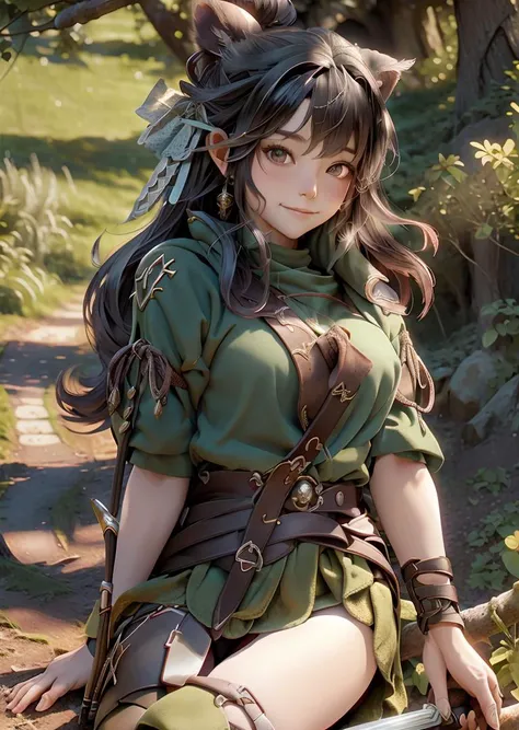 (ranger:1.1), hold longbow, 1girl, light, shadow, forest, mountine, landscape, smile, nsfw, <lora:adventurers_v1:1> <lora:oc_v10:0.7>