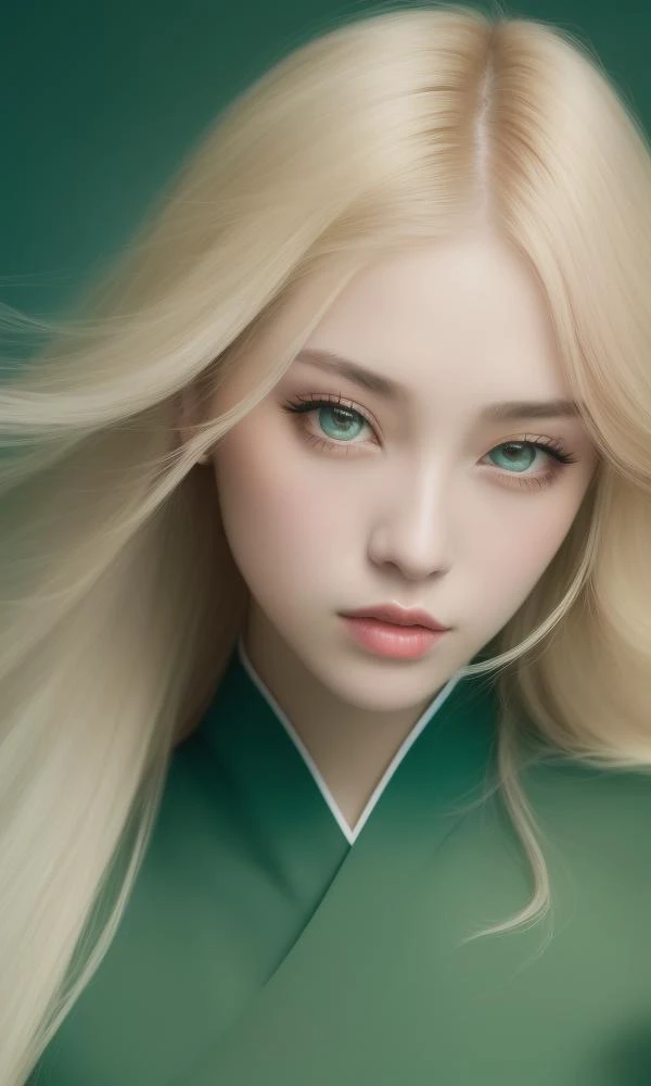 (solo girl portrait (beautiful detailed face:1.6, beautiful detailed eyes:1.3),hanfu,open dress,bald girl,floating),(green background),(highest quality,8k,GameCG,photorealistic,wallpaper),(color of Red|green|blue|black|white),By Raphael,guofeng:0.6