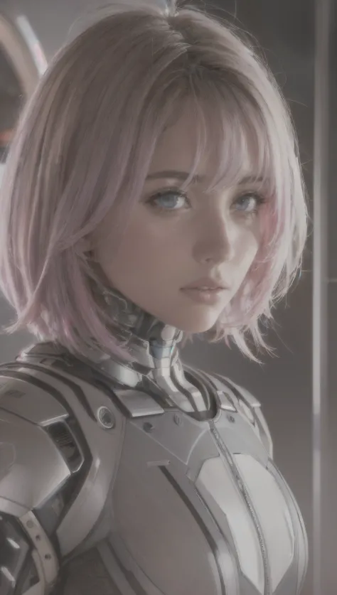 cinematic close shot, cinematography, intricately detailed, meticulous, magnificent, maximum details, cozy vibes:2, extremely hyper realistic, robotic, cybernetic, technological, cyberpunk, mecha:1.4, pastel colours:2, (RAW photo, best quality), (realistic, photo-realistic:1.2), 1girl, high quality, (high detailed skin:1.4), puffy eyes, gorgeous hair, (rim lighting:1.3), (dimly lit:1.3), (dark night:1.3), indoors, thick sweater, messy hair:2, colourful hair, (((center))),