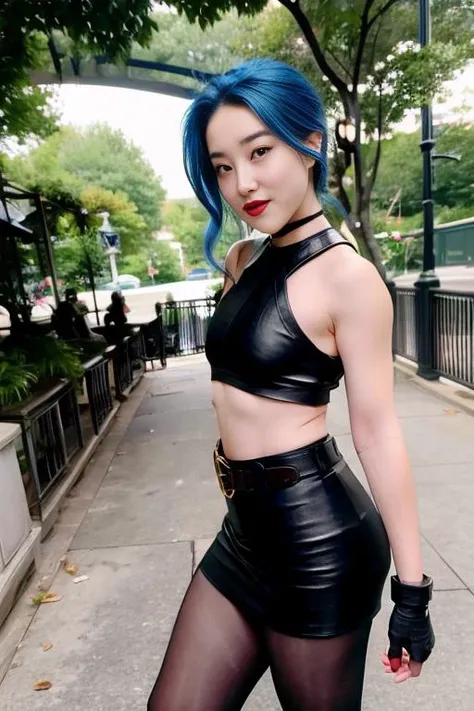JinxLol, mature female, 1girl, solo, blue hair, looking at viewer, navel, gloves, fingerless gloves, character name, midriff, bare shoulders, gun, crop top, belt, outdoors, <lora:jinxLeagueOfLegends_v10:1>, JinxLol,mature female,1girl, solo,looking at viewer, navel, gloves, fingerless gloves, character name, midriff, bare shoulders, looking at viewer, gun, crop top, belt,outdoors, <lora:JinxLol:1>