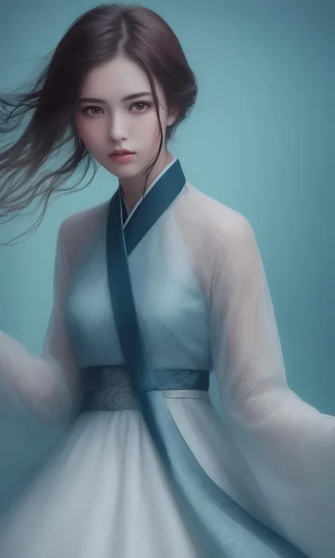 (solo girl portrait (beautiful detailed face:1.6, beautiful detailed eyes:1.3),hanfu,wet dress,very short hair,floating),(pink background),(highest quality,8k,GameCG,photorealistic,wallpaper),(color of Red|green|blue|black|white),By Raphael,india:0.5