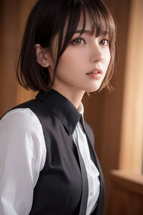 (masterpiece:1.3), (8k, photorealistic, RAW photo, best quality: 1.4), (1girl), beautiful face, (realistic face), (black hair, short hair:1.3), beautiful hairstyle, (realistic eyes), beautiful detailed eyes, long eyelashes, (realistic skin), beautiful skin, [medium breasts:0.2], (perfect body:1.3), (detailed body:1.2), (necktie), (collared shirt, pleated skirt:1.3), absurdres, attractive, ultra high res, ultra realistic, highly detailed, soft lightning, golden ratio,