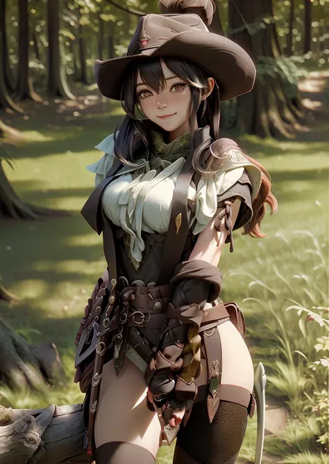 (ranger:1.1), hold longbow, 1girl, light, shadow, forest, mountine, landscape, smile, nsfw, <lora:adventurers_v1:1> <lora:oc_v10:0.7>