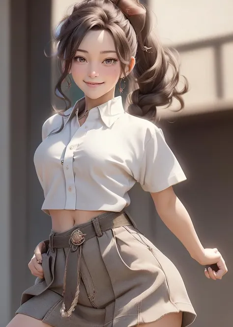 masterpiece, (realistic:1.3), photorealistic, best quality, petra_academy, braided ponytail, facial mark, ascot, white shirt, black high-waist skirt, cowboy shot, pumping fist, smile, determined expression on face,  <lora:oc_v10:0.8>, nsfw