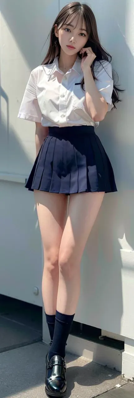 (8k, RAW photo, best quality, masterpiece:1.2), (realistic, photo-realistic:1.37), ultra-detailed,(detailed beautiful girl:1.4),1 girl, full body shot,1girl, (((arm behind))),((cute face,long hair,full_body,(((navy micro mini skirt),high waist)),<lora:micro mini skirt:0.5>,((white panty)),school_uniform,white shirt,standing,(black socks),white panty,(black shoes))),(((JK_style)))<lora:jkUniform_v20:0.2> <lora:japanesedolllikenessV1_v15:0.2>, <lora:koreandolllikenessV20_v20:0.5>
