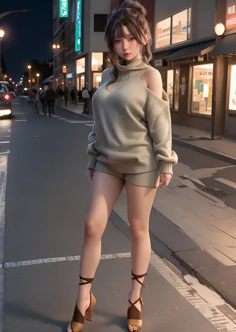 Best quality, masterpiece, ultra high res,(((full body:1.0))) (photorealistic:1.4), raw photo, 1girl, offshoulder, long sweater, street, night, <lora:oc_v10:0.7>,