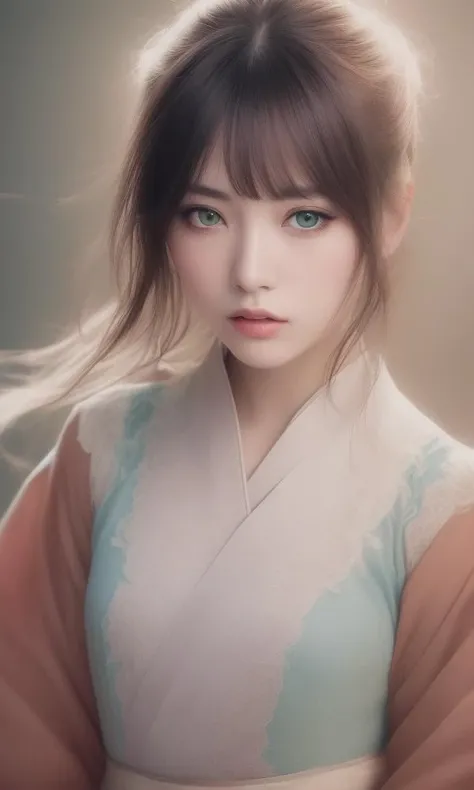 (solo girl portrait (beautiful detailed face:1.6, beautiful detailed eyes:1.3),hanfu,dress pull,bald girl,floating),(tan background),(highest quality,8k,GameCG,photorealistic,wallpaper),(color of Red|green|blue|black|white),By Raphael,America:0.5