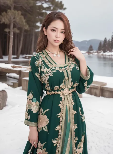 (mongolian woman:1.2), mongolian woman wearing the caftan standing up, beautiful, gorgeous, gorgeous face, mature face, best quality, masterpiece, ultra high res, (photorealistic:1.4), 1girl, looking at viewer, masterpiece, best quality, high quality, extremely detailed CG unity 8k wallpaper, The vast and quiet taiga stretches to the horizon, with dense green trees grouped in deep harmony, as the fresh breeze whispers through their leaves and crystal snow lies on the frozen ground, fulmoon night, colorful background, lake at the back, moonlight reflection, creating a stunning and peaceful landscape, Bokeh, Depth of Field, HDR, bloom, Chromatic Aberration, Photorealistic, extremely detailed, trending on artstation, trending on CGsociety, Intricate, High Detail, dramatic, <lora:Moroccan_Caftan:1>, caftan, golden belt,