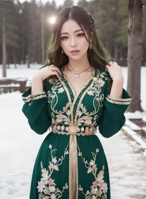 (mongolian woman:1.2), mongolian woman wearing the caftan standing up, beautiful, gorgeous, gorgeous face, mature face, best quality, masterpiece, ultra high res, (photorealistic:1.4), 1girl, looking at viewer, masterpiece, best quality, high quality, extremely detailed CG unity 8k wallpaper, The vast and quiet taiga stretches to the horizon, with dense green trees grouped in deep harmony, as the fresh breeze whispers through their leaves and crystal snow lies on the frozen ground, fulmoon night, colorful background, lake at the back, moonlight reflection, creating a stunning and peaceful landscape, Bokeh, Depth of Field, HDR, bloom, Chromatic Aberration, Photorealistic, extremely detailed, trending on artstation, trending on CGsociety, Intricate, High Detail, dramatic, <lora:Moroccan_Caftan:1>, caftan, golden belt,