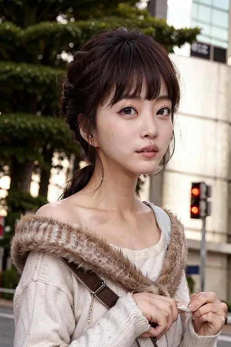 1girl, outdoor, plaid shirt, fur coat, fur_trim, Shibuya Crossing background,  <lora:Han_Ye_Seul_v3:0.9>, beehive,best quality, ultra high res, photorealistic,