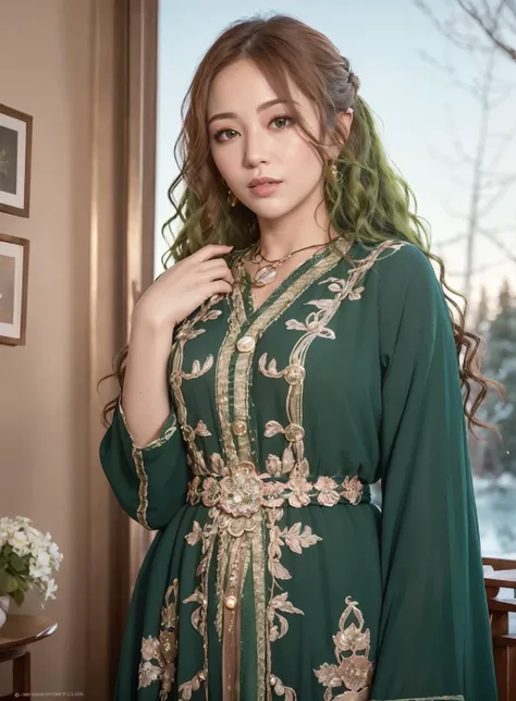 (mongolian woman:1.2), mongolian woman wearing the caftan standing up, beautiful, gorgeous, gorgeous face, mature face, best quality, masterpiece, ultra high res, (photorealistic:1.4), 1girl, looking at viewer, masterpiece, best quality, high quality, extremely detailed CG unity 8k wallpaper, The vast and quiet taiga stretches to the horizon, with dense green trees grouped in deep harmony, as the fresh breeze whispers through their leaves and crystal snow lies on the frozen ground, fulmoon night, colorful background, lake at the back, moonlight reflection, creating a stunning and peaceful landscape, Bokeh, Depth of Field, HDR, bloom, Chromatic Aberration, Photorealistic, extremely detailed, trending on artstation, trending on CGsociety, Intricate, High Detail, dramatic,  <lora:Moroccan_Caftan:1>,  caftan, golden belt,
