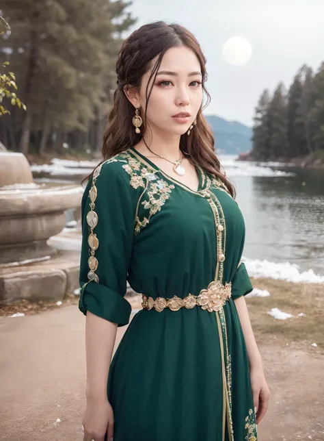 (mongolian woman:1.2), mongolian woman wearing the caftan standing up, beautiful, gorgeous, gorgeous face, mature face, best quality, masterpiece, ultra high res, (photorealistic:1.4), 1girl, looking at viewer, masterpiece, best quality, high quality, extremely detailed CG unity 8k wallpaper, The vast and quiet taiga stretches to the horizon, with dense green trees grouped in deep harmony, as the fresh breeze whispers through their leaves and crystal snow lies on the frozen ground, fulmoon night, colorful background, lake at the back, moonlight reflection, creating a stunning and peaceful landscape, Bokeh, Depth of Field, HDR, bloom, Chromatic Aberration, Photorealistic, extremely detailed, trending on artstation, trending on CGsociety, Intricate, High Detail, dramatic, <lora:Moroccan_Caftan:1>, caftan, golden belt,