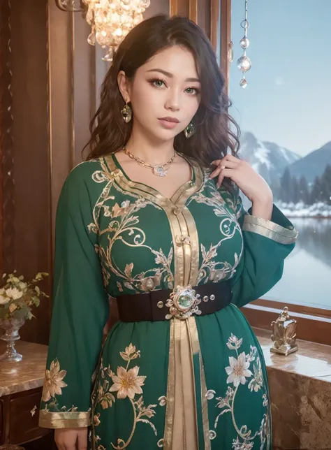 (mongolian woman:1.2), mongolian woman wearing the caftan standing up, beautiful, gorgeous, gorgeous face, mature face, best quality, masterpiece, ultra high res, (photorealistic:1.4), 1girl, looking at viewer, masterpiece, best quality, high quality, extremely detailed CG unity 8k wallpaper, The vast and quiet taiga stretches to the horizon, with dense green trees grouped in deep harmony, as the fresh breeze whispers through their leaves and crystal snow lies on the frozen ground, fulmoon night, colorful background, lake at the back, moonlight reflection, creating a stunning and peaceful landscape, Bokeh, Depth of Field, HDR, bloom, Chromatic Aberration, Photorealistic, extremely detailed, trending on artstation, trending on CGsociety, Intricate, High Detail, dramatic,  <lora:Moroccan_Caftan:1>,  caftan, golden belt,
