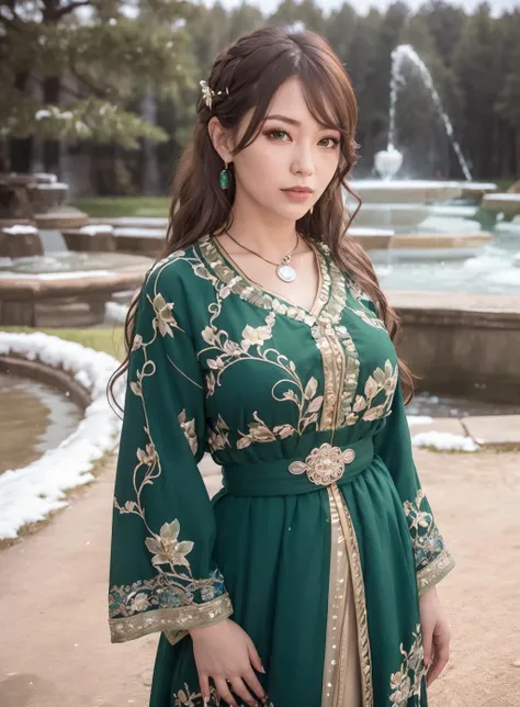 (mongolian woman:1.2), mongolian woman wearing the caftan standing up, beautiful, gorgeous, gorgeous face, mature face, best quality, masterpiece, ultra high res, (photorealistic:1.4), 1girl, looking at viewer, masterpiece, best quality, high quality, extremely detailed CG unity 8k wallpaper, The vast and quiet taiga stretches to the horizon, with dense green trees grouped in deep harmony, as the fresh breeze whispers through their leaves and crystal snow lies on the frozen ground, fulmoon night, colorful background, lake at the back, moonlight reflection, creating a stunning and peaceful landscape, Bokeh, Depth of Field, HDR, bloom, Chromatic Aberration, Photorealistic, extremely detailed, trending on artstation, trending on CGsociety, Intricate, High Detail, dramatic, <lora:Moroccan_Caftan:1>, caftan, golden belt,