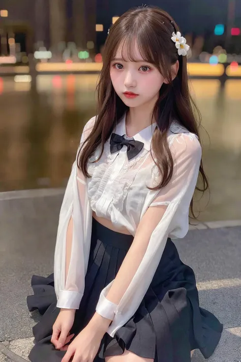 masterpiece,best quality, illustration,{beautiful detailed women},beautiful detailed glow,rain,detailed lighting,detailed water,(beautiful detailed eyes:1.1),expressionless,palace,azure hair,disheveled hair,long bangs,hairs between eyes,((school shirt:1.3)), white bowties,midriff, big forhead,blank stare,flower,long sleeves, (small breasts), long skirt, ((opaque clothing)), (8k, RAW photo, best quality, masterpiece:1.2), (realistic, photo-realistic:1.37), best quality, ultra high res, photon mapping, radiosity, physically-based rendering,bblurry, blurry_foreground, blurry_background, photo_\(medium\), motion_blur,1girl, (full body),Long hair, bangs,(see through bangs), hair_ornament, lips, hairclip, solo, blue_eyes, nose,soft,china ,overlooking,((black loafers)),thigh highs,((white socks)) <lora:japanesedolllikenessV1_v15:0.7>, <lora:chilloutmixss_xss10:0.6>