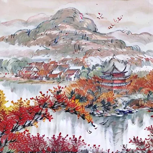 ((materpiece)), ((best quality)), ((high-res)), ((Ink wash)), ((artist)), ((extremly details)), ((details)), a chiniese tower, autumn, golden trees, autumn_leaves, birds chinese painting, leaf, maple_leaf, mountain, lake, mountainous_horizon, no_humans, outdoors, scenery, sky, sunset, tree, zulishisong_style_willow_tree, blurred distant scenery, misky, <lora:zulishisong:1>