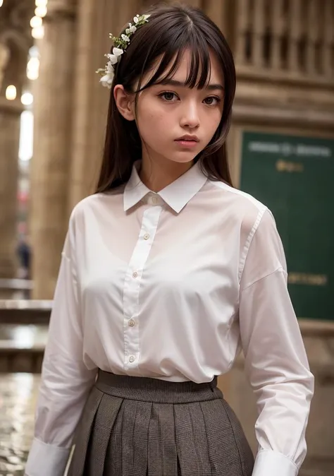 masterpiece,best quality, illustration,{beautiful detailed women},beautiful detailed glow,rain,detailed lighting,detailed water,(beautiful detailed eyes:1.1),expressionless,palace,azure hair,disheveled hair,long bangs,hairs between eyes,((school shirt:1.3)), white bowties,midriff, big forhead,blank stare,flower,long sleeves, ((nipples:1.1)), (small breasts), skirt