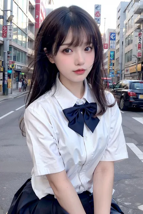 (8k, RAW photo, best quality, masterpiece:1.3),(realistic,photo-realistic:1.37),(night),(looking at viewer:1.331),(white hair),posing,Tokyo street,nightcityscape, <lora:asianGirlsFace_dreamyFace:0.6>, cyberpunk city,soft light,1girl,extremely beautiful face,bust,put down hands,Random hairstyle,Random expression,big eyes, ,lower abdomen,<lora:jk uniform:0.5>(short-sleeved JK_shirt),JK_style,(dark blue JK_skirt) ,(bow JK_tie),<lora:cuteGirlMix4_v10:0.4>,mix4, detailed eyes