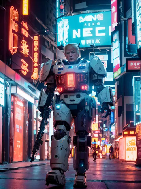 RAW photo, delicate, best quality, (intricate details:1.3), hyper detail, finely detailed, colorful, 8k uhd, film grain, (photorealistic:1.3), (detailed skin:1.2), (Donald Trump),
(Trump walking in a cyberpunk city wearing battle mech), (((battle mech))), (sword), (neon lights),