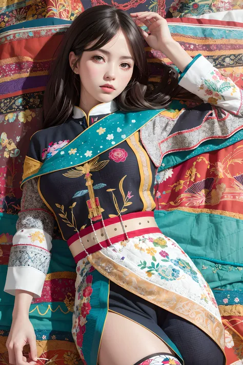 absurdres, highres, ultra detailed, (1 girl, solo:1.1), mecha, Regular, stylish pose, textile art, fiber manipulation, woven designs, fabric collage, quilting, embroidery, innovative techniques, tactile creations
