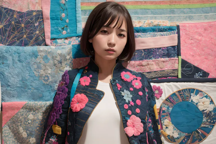 absurdres, highres, ultra detailed, (1 girl, solo:1.1), mecha, Regular, stylish pose, textile art, fiber manipulation, woven designs, fabric collage, quilting, embroidery, innovative techniques, tactile creations