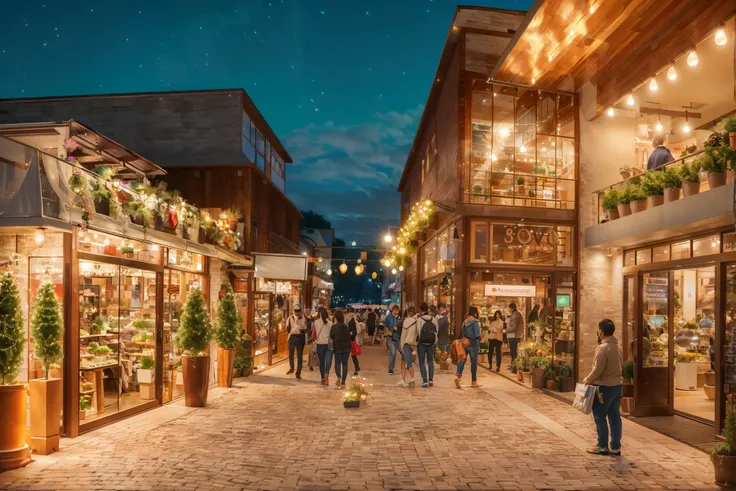 (masterpiece:1.3), (8k, photorealistic, RAW photo, best quality: 1.4), ht view, interior light, neon lights, white wall buildings, 4k, realistic, wide curtain wall glazing, retail shopping center, green landscape with trees, (potted plant), pond, aerial view, festive, prople, activity, planning, retail shop lights, food and beverage, people setting outside, vibrant atomosphere, steps, seating, outdoor furniture, outdoor,