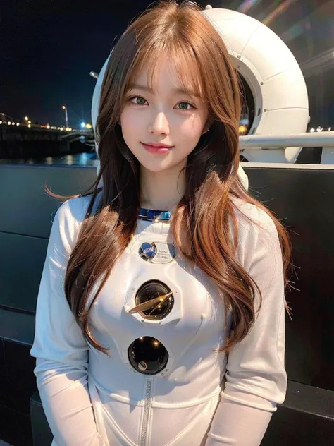 8k, RAW photo, best quality, ultra high res, realistic, (photorealistic:1.4),(masterpiece*portrait),(girl in spacesuit:1.6), 1girl,stylish,confident pose, long wavy hair,flowing hair, brown hair, vibrant colors,bokeh, (small breast),sequins,smiling, urban background,sunshine on face, <lora:cameltoe_v21:0.3><lora:japanesedolllikenessV1_v15:0.3><lora:koreandolllikenessV20_v20:0.7>