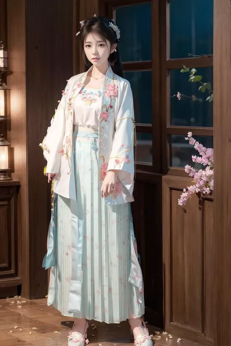 (best quality, masterpiece: 1.1), (realistic, photo-realistic: 1.1), beautiful detailed eyes,<lora:hanfu_v29:0.8>, song hanfu, (song style outfits, 1girl wearing short coat and 100pleated shan skirt:1.2),(full body:1.3),<lora:taiwanDollLikeness_v10:0.3>, <lora:shojovibe_v11:0.3>