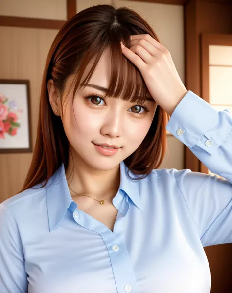 Masterpiece, absurdres,HDR ,highly detailed eyes and face,smiling, beautiful jpd_woman, a woman in a shirt,perfect jpd_face,perfect jpd_body <lora:jpd:0.8>