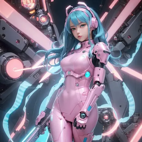 ((best quality)), ((masterpiece)), (detailed),1girl, (detailed face), (detailed eyes), mecha armor,pink suit,(((full body))),wallpaper,blue fire,gear,mask, holding a big gun,cyberpunk girl, (beautiful face),medium breasts ,ArtStation, bright blue-green eyes, blue hair, nice pose,gloves,
<lora:OC illustration:0.4><lora:koreandolllikeness_V10:0.4>
