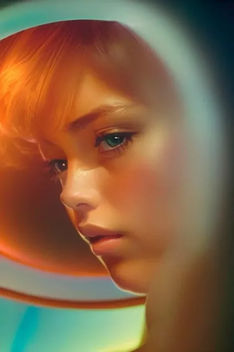 closeup portrait of girl relaxing inside a cozy martian habitat, casual sexy clothes, detailed, 8k, realistic, by James Turrell, mid-century, 2001 space odyssey, nude