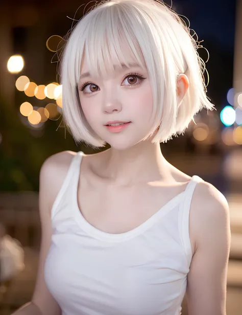 upper body , close up face camera,<lora:xiaorouseeu_v10:0.75> , white short layering hair , background bokeh of night, ((white casual dress)) , photo model pose , look at camera selfie , life expression , (beautiful light)