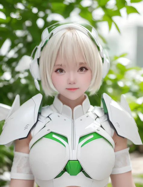 upper body , close up face camera,<lora:xiaorouseeu_v10:0.75> ,((white short layering hair)), background bokeh of day , photo model pose , ((green mecha)) , look at camera selfie , life expression , (beautiful light) , <lora:ArmorSuit_v1:0.75> ,armorsuit , action pose