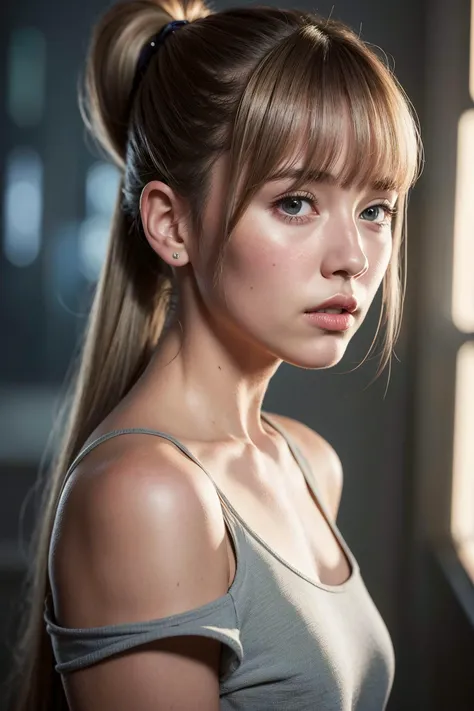 Best quality, masterpiece, ultra high res, (photorealistic:1.5), raw photo, 1girl, silver hair, offshoulder, in the dark, deep shadow, frontal, straight-eyed, ponytail, in the movie Bladerunner 2049